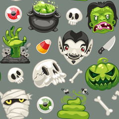 Halloween Seamless Pattern with Cartoon Monsters on Gray