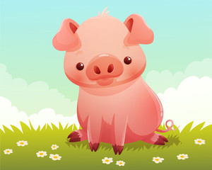 Cute little pink pig sitting on grass and daisies. Clouds and blue sky background. Vector illustration.