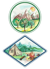 Watercolor label for nature and tourism.