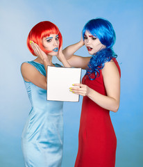 Portrait of young women in comic pop art make-up style. Females are reading letter