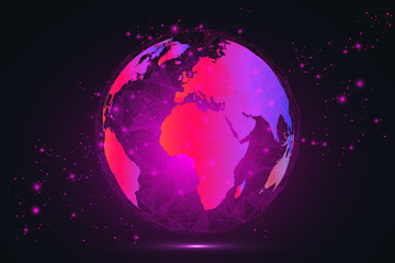 Global network connection. Pink purple globe hexagonal polygonal mesh and line isolated on white as business, composition concept. Vector Illustration.
