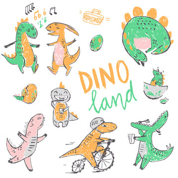 Doodle cute Dinosaurs collection. Funny cute kid drawn characters. Vector illustration