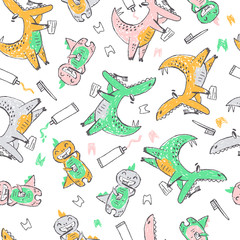 Doodle cute Dinosaurs seamless pattern. Teeth cleaning. Funny kid drawn characters. Vector illustration