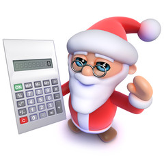 3d Funny cartoon Christmas Santa Claus using a calculator