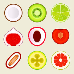 Set of flat fruit and vegetables. Colored simple icons on blank background. Logo design template, food store design graphic elements. Vector illustrations.