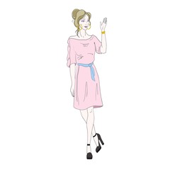 Vector illustration. Image of a standing girl in a pink dress.