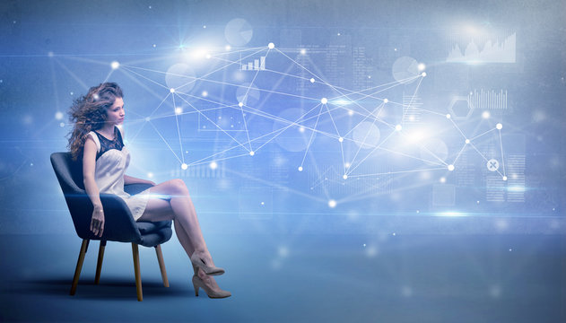 Elegant woman sitting in a sofa with network and connection concept
