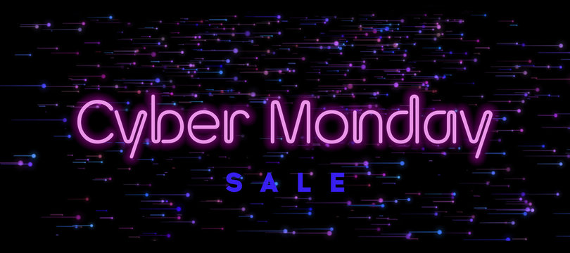 Cyber Monday Sale Neon Text. Futuristic background design concept. Cyber Monday Promo Sale Web Banner, Flyer, Discount Coupon.