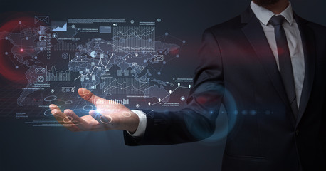 Communicational concept with businessman body and hand in background