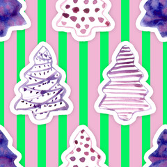 Seamless Pattern with Hand Drawn Watercolor Christmas Tree on Stripped Background for Your Holidays Design. Realistic Paper Applique, Cutout. Good for Wrapping, Wallpaper, Fabric, Banners, Posters.