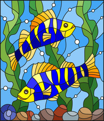 Illustration in stained glass style with a pair of bright striped fish on the background of water, algae and air bubbles