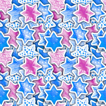 Paper Star Magic Confetti with Hand Drawn Watercolor Texture. Seamless Star Pattern with Naturalistic Shadow. New Year, Christmas, Birthday and other Holiday Design. Wrapping, Textile, Background.