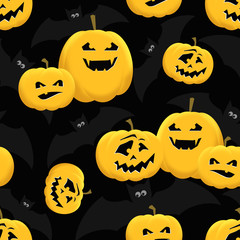 Holiday background with HALLOWEEN pumpkins and grey bats on black. Horror cartoon style seamless pattern for decoration, wallpaper design, fabric print. October traditional backdrop