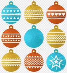Set of color golden glittering christmas balls over transparent background, vector illustration