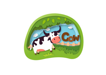 Alphabet Letter C-cow,paper cut concept vector illustration