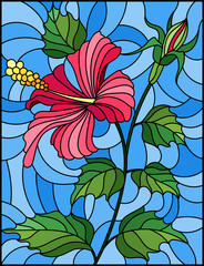 Illustration in stained glass style with flower, buds and leaves of pink hibiscus on blue background