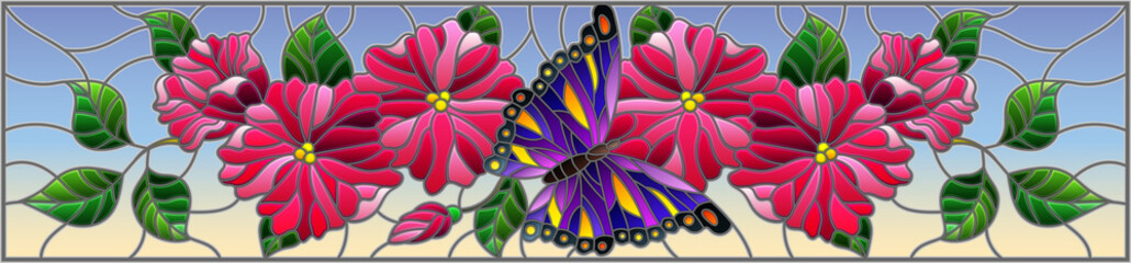 Fototapeta na wymiar Illustration in stained glass style with abstract curly pink flowers and purple butterfly on blue background , horizontal image