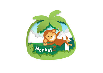 Alphabet Letter M-monkey,paper cut concept vector illustration