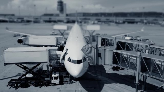 Time lapse of aircraft docked at airport gate in black and white