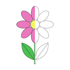 drawing worksheet for preschool kids with easy gaming level of difficulty. Simple educational game for kids. Illustration of pink flower for toddlers