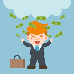 Happy businessman celebrates success, rich businessman. A lot of money bill fall to man, flat vector illustration.