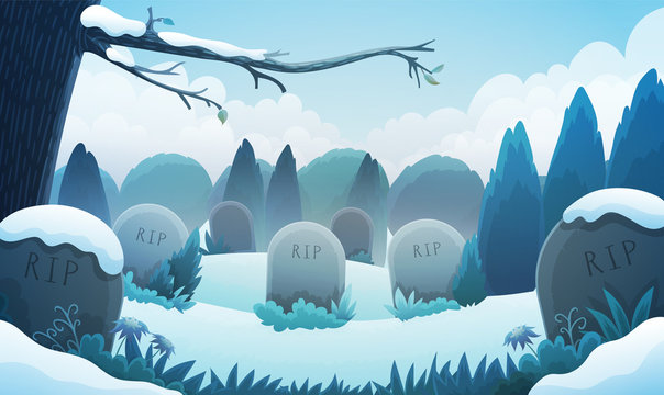 Landscape of a graveyard with old tombstones among grass and trees. Winter season with snow and icy mist. Vector illustration.