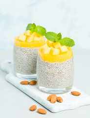 Chia seeds pudding from almond milk with mango puree with green mint leaves and cut fresh ripe tropical fruit.