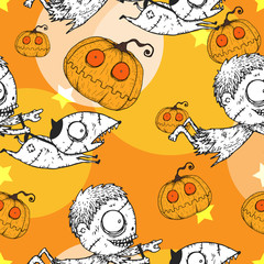 Halloween vector seamless pattern on vintage background.pattern silhouette by hand drawing.Trick or treat lace art highly detailed in line art style.