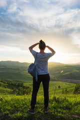 Woman in Altai mountain, beauty summer landcape