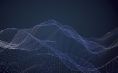 Abstract landscape on a dark background. Cyberspace navy blue grid. Hi-tech network. 3D illustration