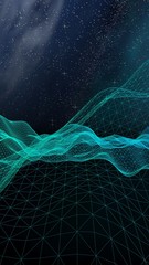 Abstract landscape on a dark background. Star horizon. Cyberspace grid. Hi-tech network. Outer space. Starry outer space texture. 3D illustration