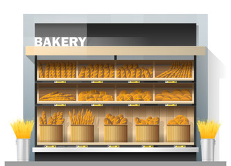 Different kinds of bread display on shelf in supermarket , vector , illustration