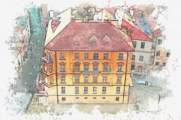 A watercolor sketch or an illustration of the traditional architecture in Cesky Krumlov in the Czech Republic.