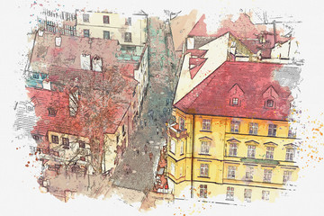 Fototapeta premium A watercolor sketch or an illustration of the traditional architecture in Cesky Krumlov in the Czech Republic.