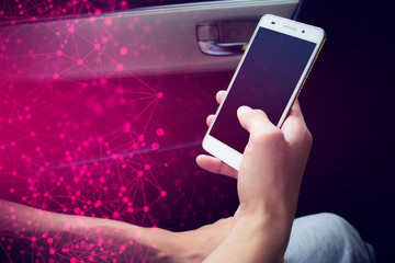 man use snartphone on car with connect network concept
