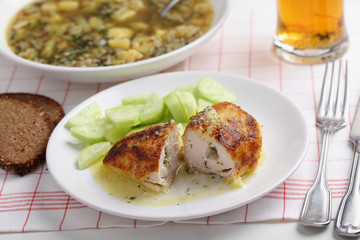 Chicken Kiev and buckwheat soup