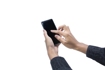 Handsome young man playing cellphone. Or printing financial and business information. On a white backdrop
