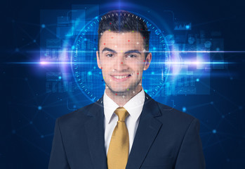 Facial recognition system. Young man on blue background