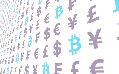 Bitcoin and currency on a white background. Digital Cryptocurrency symbol. Business concept. Market Display. 3D illustration