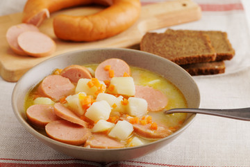 Dutch soup with Rookworst sausages