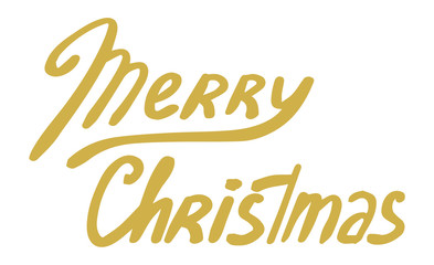 Merry Christmas festive hand drawn text. Golden holidays logo for banners, greetings cards, wrapping paper, scrapbooking, prints, design. Freehand yellow cartoon inscription, title in vintage style