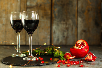 red wine in glasses, festive atmosphere. new Year. Top view. food background copy space