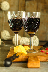red wine in glasses, festive atmosphere. new Year. Top view. food background copy space