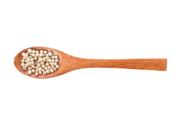 White pepper on wooden spoon isolated on a white background. Spice in wooden spoon. Top view