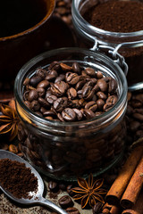 roasted coffee beans, spices and sugar, vertical