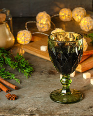 red wine in glasses, festive atmosphere. new Year. Top view. food background copy space