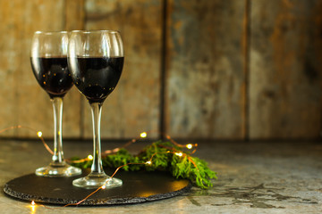 red wine in glasses, festive atmosphere. new Year. Top view. food background copy space