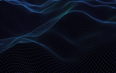 Abstract landscape on a dark background. Cyberspace navy blue grid. Hi-tech network. 3D illustration