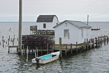 Shacks and crab traps on the coast of Tangier Island, Virginia, in the Chesapeake Bay. Since 1850...