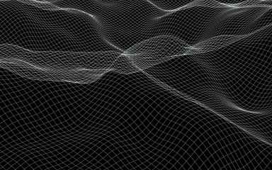 Abstract landscape background. Cyberspace green grid. Hi-tech network. 3D illustration